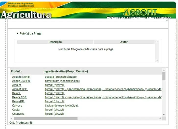 uma captura de tela do sistema AGROFIT, a plataforma oficial de consulta de agrotóxicos e afins do Ministério