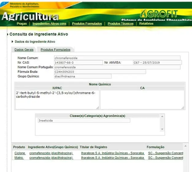 uma captura de tela do sistema AGROFIT, a plataforma oficial do Ministério da Agricultura, Pecuária e Abasteci