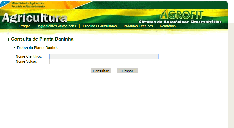 uma captura de tela da interface de ‘Consulta de Planta Daninha’ do sistema AGROFIT, uma plataforma oficial do