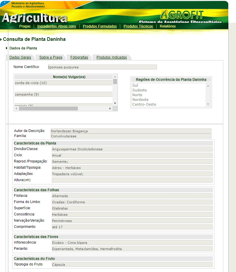uma captura de tela do sistema AGROFIT, uma plataforma do Ministério da Agricultura, Pecuária e Abastecimento