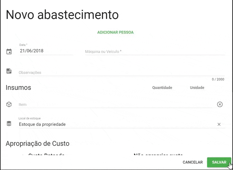 GIF que demonstra o processo de registro de um “Novo abastecimento” dentro do software de gestão agrícola Aegro