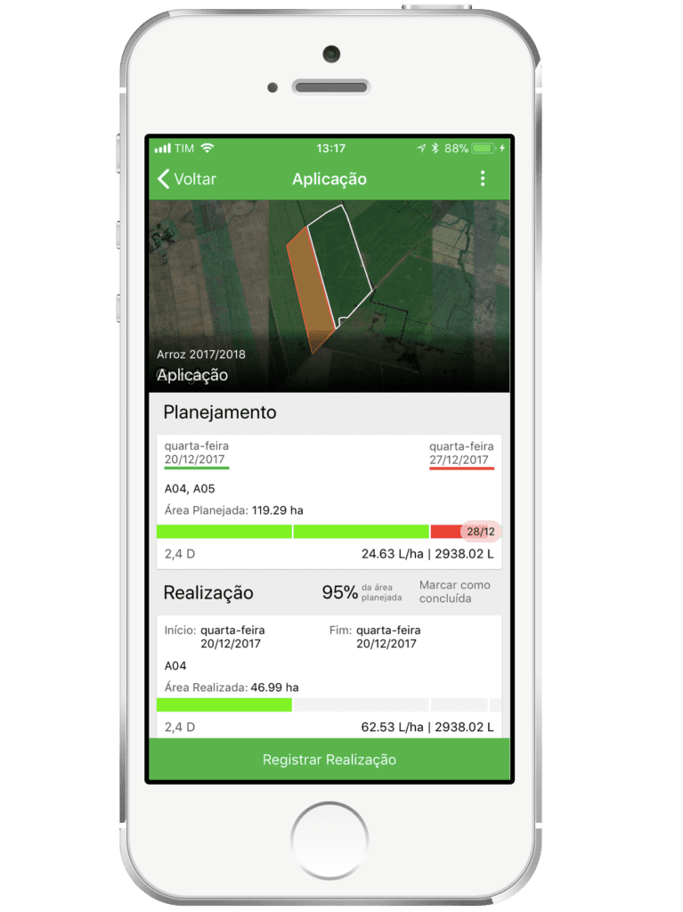 tela de um smartphone com a interface do aplicativo de gestão agrícola Aegro, focada no acompanhamento de um