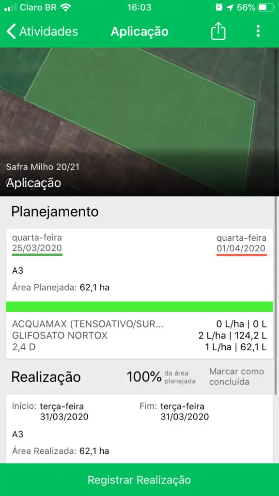 a tela de um aplicativo de gestão agrícola, especificamente a funcionalidade de ‘Aplicação’. A interface mostr