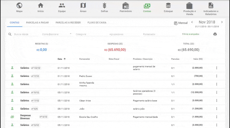 GIF que exibe a tela de ‘Contas’ do software de gestão agrícola Aegro. A interface mostra o módulo financeiro,