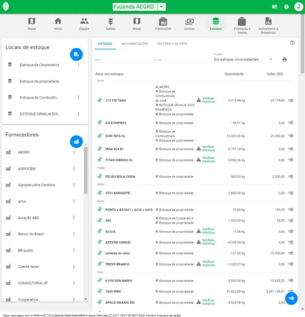 a tela de ‘Estoque’ do software de gestão agrícola Aegro. A interface é organizada e apresenta uma visão geral
