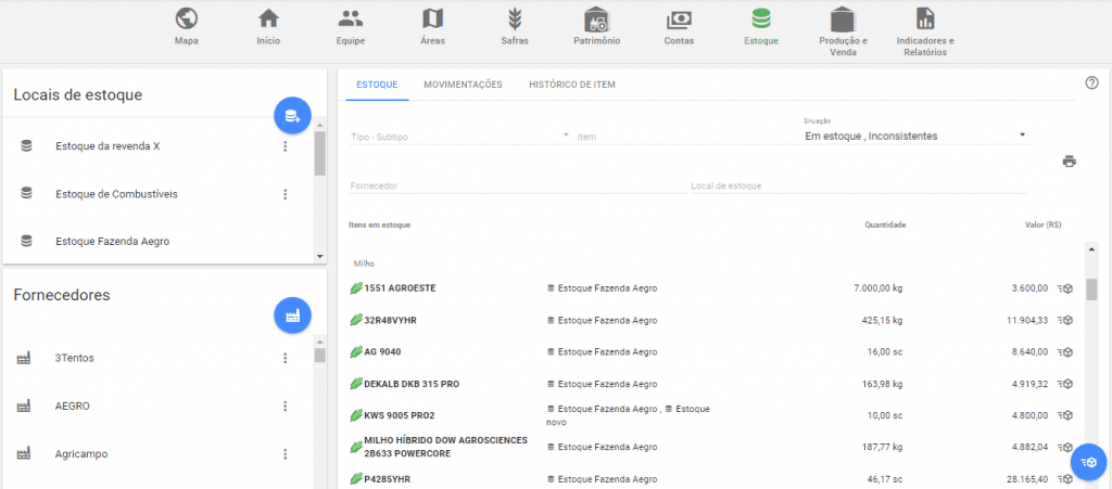 tela de ‘Estoque’ do software de gestão agrícola Aegro. A interface é organizada e apresenta um panorama det