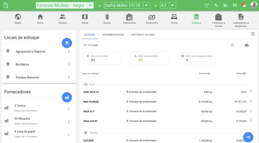 a tela de ‘Estoque’ do software de gestão agrícola Aegro. A interface é limpa e organizada, mostrando um paine
