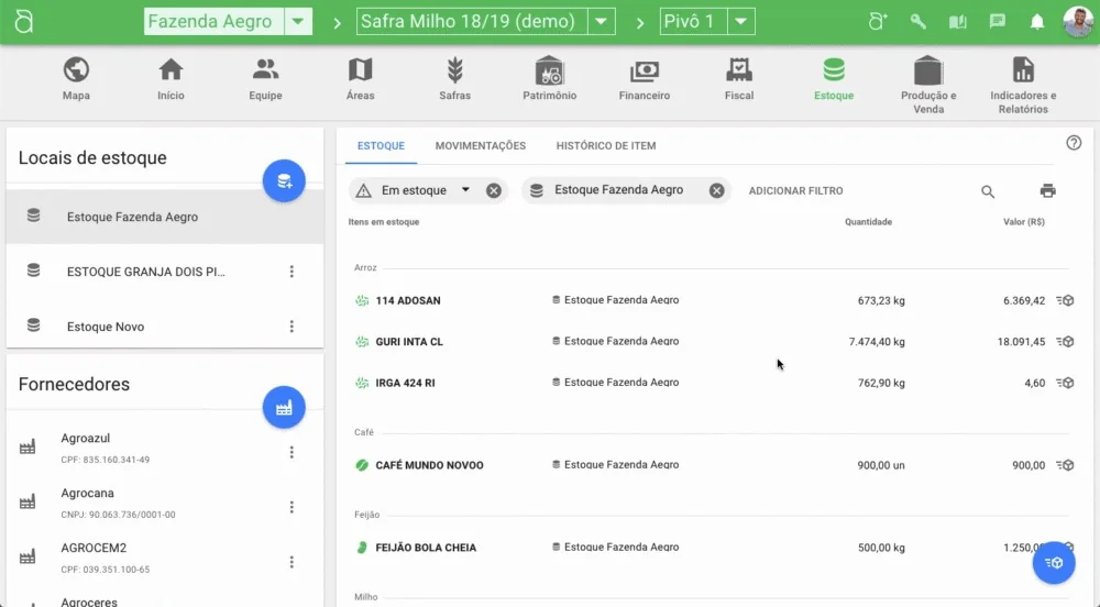 a tela de ‘Estoque’ do software de gestão agrícola Aegro. A interface é limpa e organizada, mostrando uma list