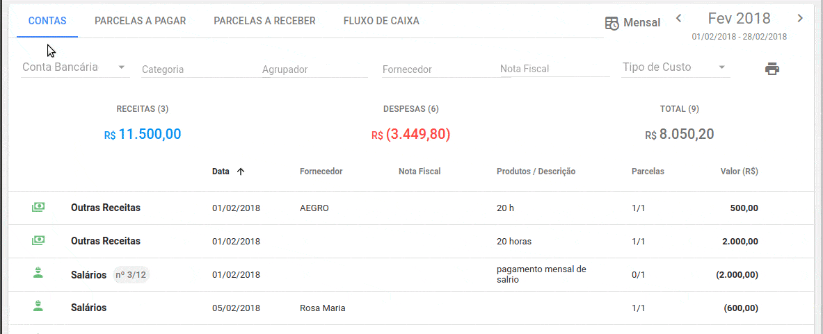 GIF demonstra a seção ‘Contas’ do módulo financeiro do software Aegro. A animação foca na interação do usuário com a interf