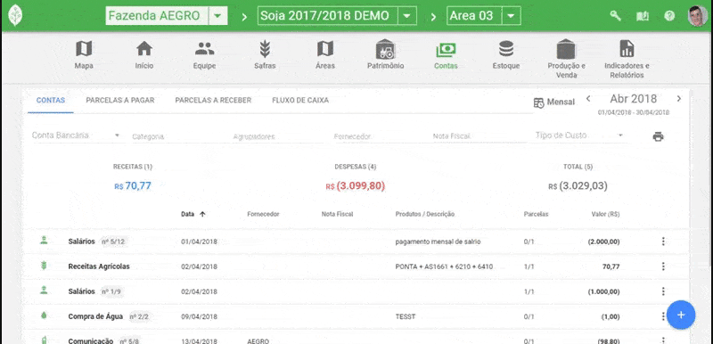 tela de ‘Contas’ do software de gestão rural Aegro, demonstrando a funcionalidade de controle financeiro. A