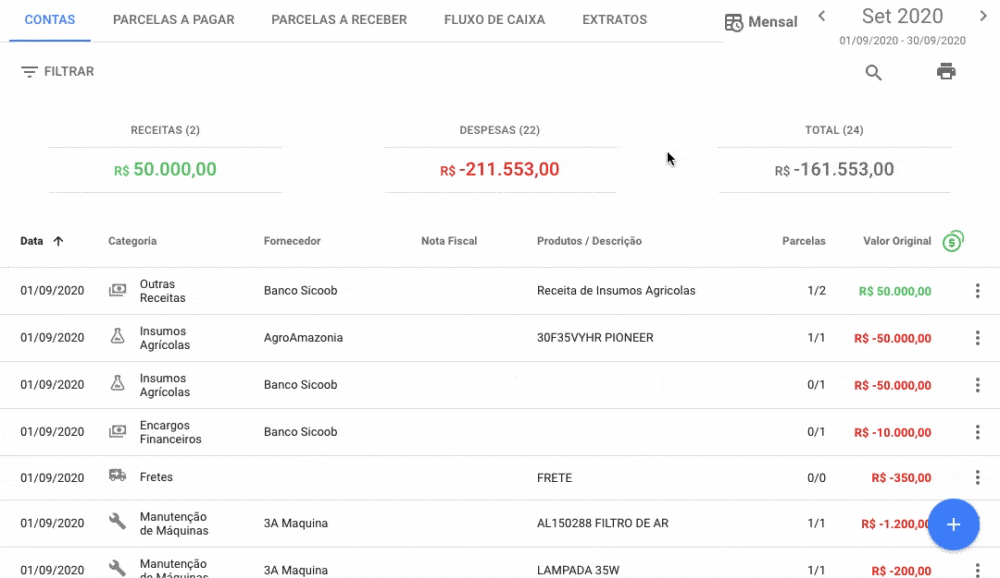 Este GIF animado exibe a tela de ‘Contas’ do software de gestão rural Aegro, demonstrando a funcionalidade de controle financ