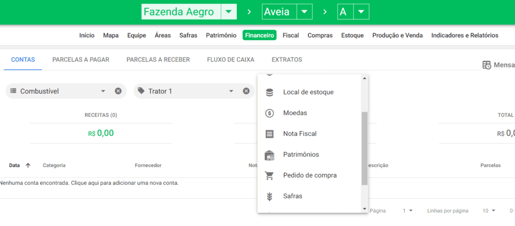 a tela do módulo financeiro do software de gestão agrícola Aegro. Especificamente, a seção ‘Contas’ está selec