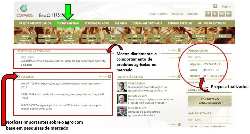 captura de tela do site do CEPEA (Centro de Estudos Avançados em Economia Aplicada), vinculado à Esalq/USP, um
