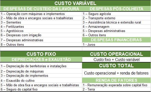 uma tabela detalhada que estrutura os custos de produção agrícola, dividindo-os em categorias principais para