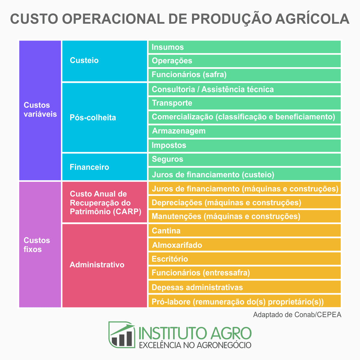 infográfico detalhado que estrutura o ‘Custo Operacional de Produção Agrícola’. Ele é dividido em duas