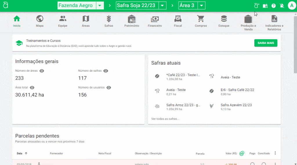 GIF que exibe a tela inicial, ou dashboard, do software de gestão agrícola Aegro. A tela apresenta uma visão ge