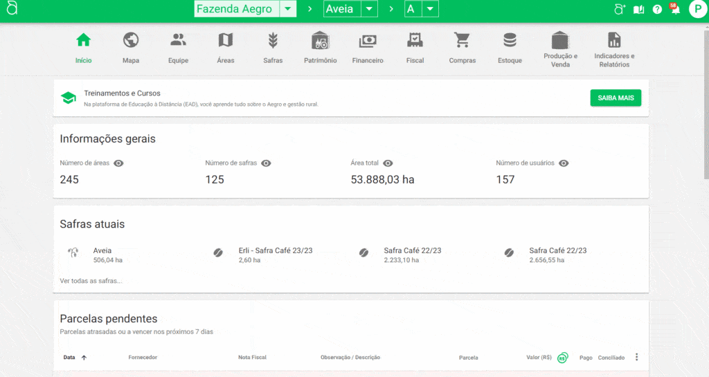 GIF que exibe a tela inicial, ou dashboard, do software de gestão rural Aegro. A interface é limpa e organizada
