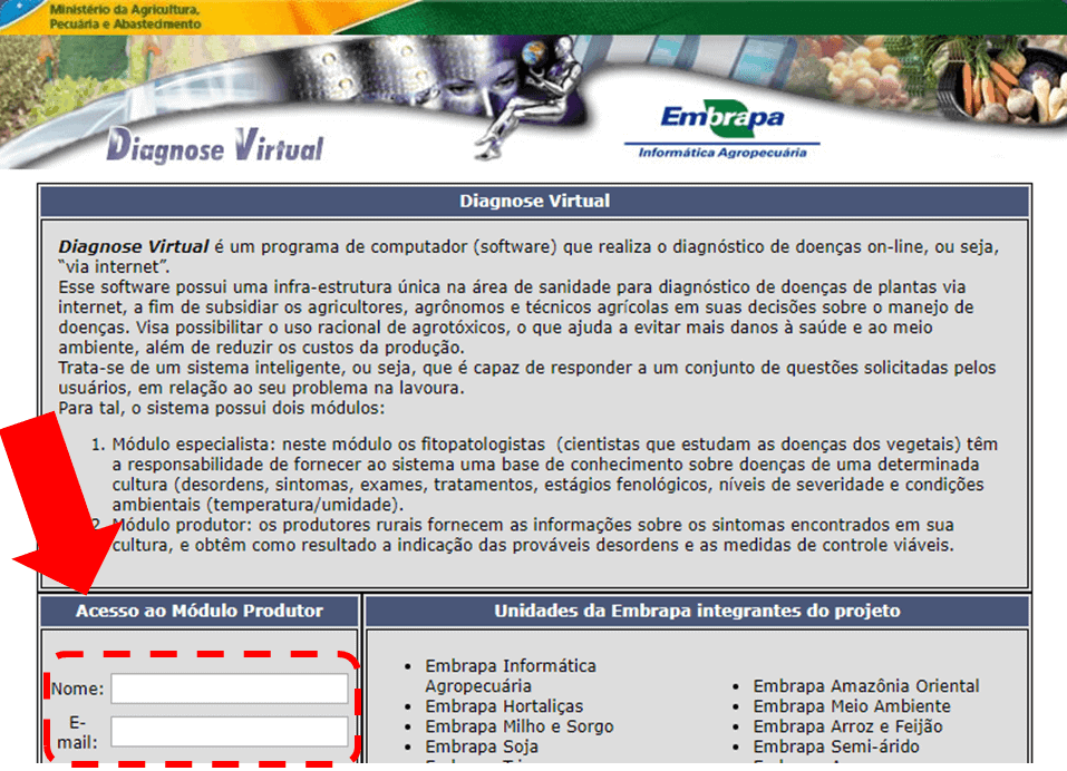 uma captura de tela da página web do ‘Diagnose Virtual’, um software desenvolvido pela Embrapa em parceria com