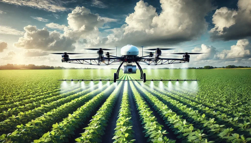drone agrícola moderno, de cor branca e preta, sobrevoando a baixa altitude uma extensa lavoura de soja. As