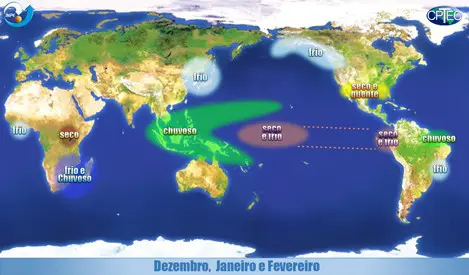 mapa-múndi que ilustra os padrões climáticos globais durante os meses de dezembro, janeiro e fevereiro, per