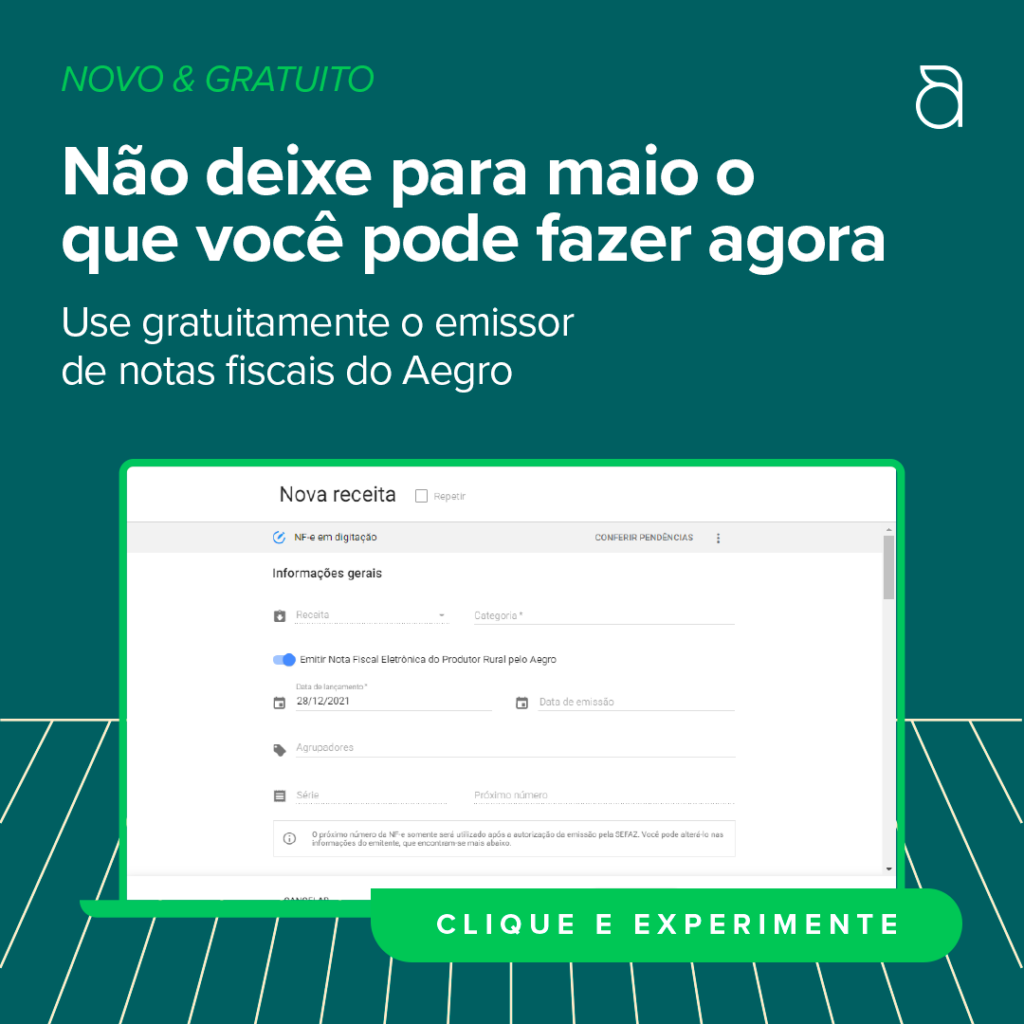 material promocional do software de gestão rural Aegro, destacando sua nova funcionalidade gratuita: o emissor
