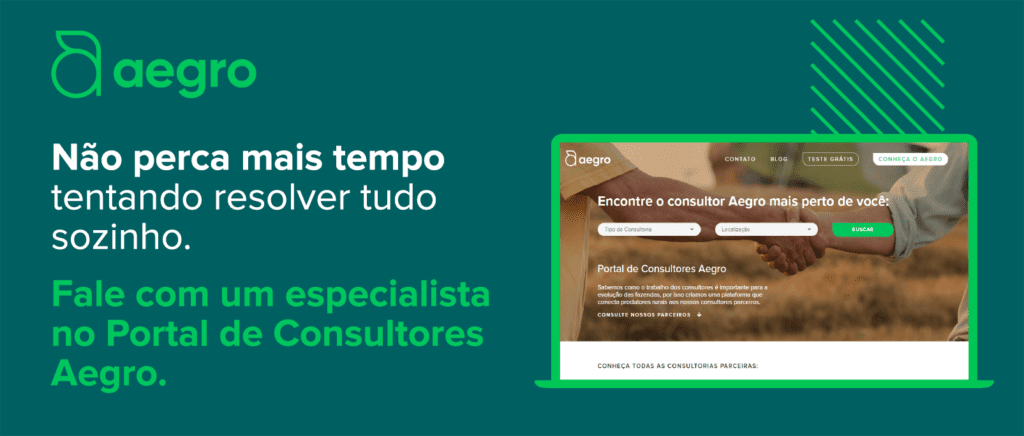 banner promocional da Aegro, uma empresa de software para gestão rural. Com um fundo verde escuro, o lado esque
