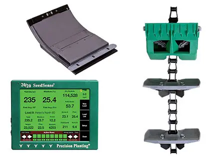 três componentes distintos de equipamentos para agricultura de precisão, isolados em um fundo branco. À esquer