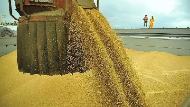 operação logística de grande escala no agronegócio, mostrando o carregamento de grãos, possivelmente soj