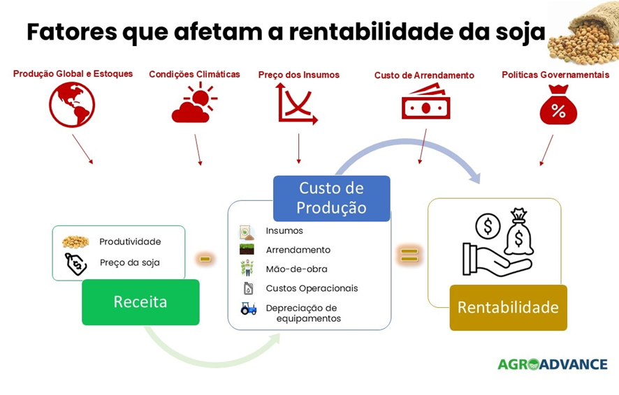 Este infográfico detalha os ‘Fatores que afetam a rentabilidade da soja’, ilustrando de forma clara e esquemática as variávei