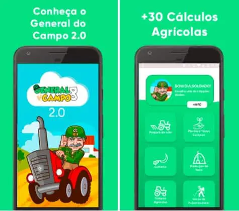 material promocional para o aplicativo móvel “General do Campo 2.0”. Dividida em duas seções sobre um fundo ver