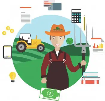 ilustração em estilo ‘flat design’ que retrata o conceito de gestão agrícola moderna. No centro, um agricultor