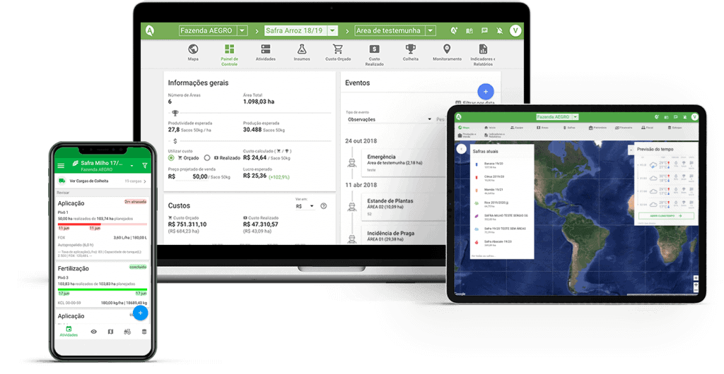 a interface do software de gestão agrícola Aegro em três dispositivos diferentes: um laptop, um tablet e um sm