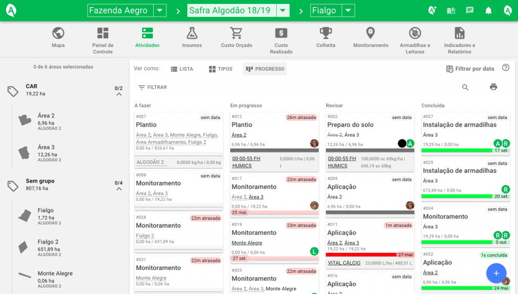 a tela de ‘Atividades’ do software de gestão agrícola Aegro, na visualização de ‘Progresso’. A interface, orga