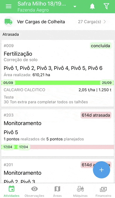 GIF exibe a tela de ‘Atividades’ do aplicativo móvel da Aegro, demonstrando o gerenciamento de operações em uma ‘Safra Milh