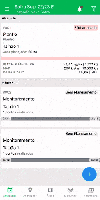 GIF que exibe a tela ‘Atividades’ do aplicativo móvel Aegro. A interface mostra o gerenciamento de tarefas para