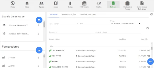 a tela de ‘Estoque’ do software de gestão agrícola Aegro. A interface é organizada e apresenta um menu superio