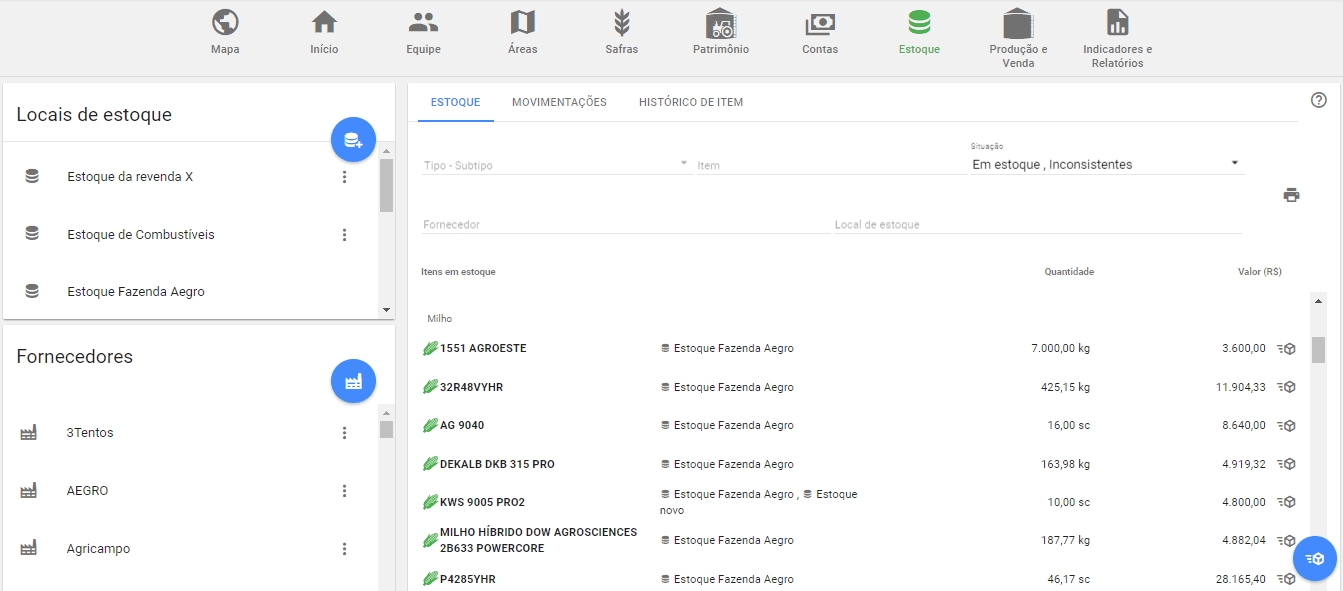 a tela de ‘Estoque’ do software de gestão agrícola Aegro. A interface é organizada e apresenta um menu superio