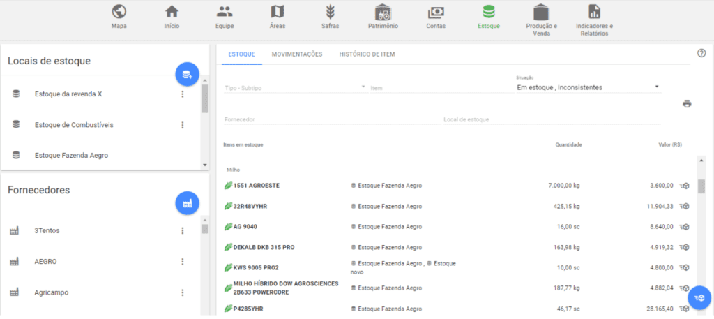 a tela de ‘Estoque’ do software de gestão agrícola Aegro. A interface é organizada com um menu superior de nav