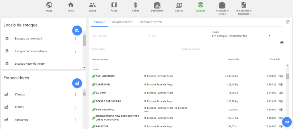 tela de ‘Estoque’ do software de gestão agrícola Aegro. A interface é organizada e funcional, apresentando u