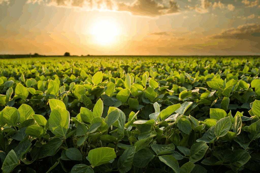 uma vasta plantação de soja em primeiro plano, com suas folhas verdes e saudáveis capturadas em detalhe sob a