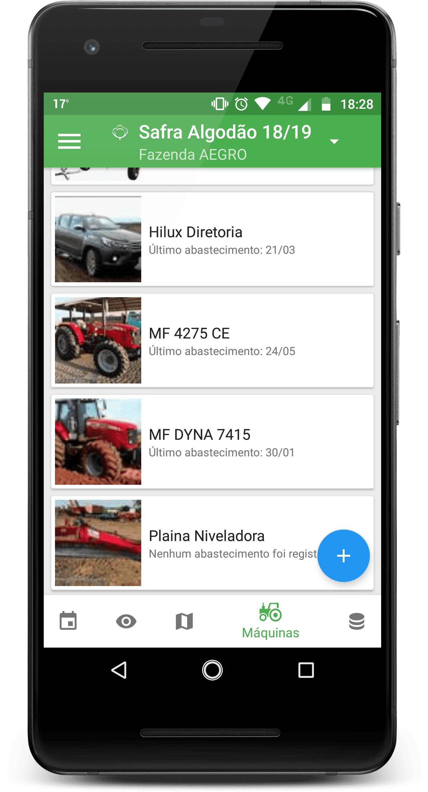tela de um smartphone rodando o aplicativo da Aegro, especificamente na seção ‘Máquinas’. A interface mostra