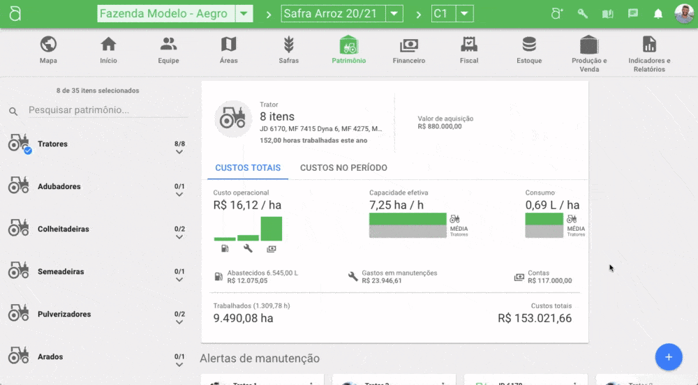 GIF que exibe a tela de ‘Patrimônio’ do software de gestão agrícola Aegro. A interface demonstra a análise deta