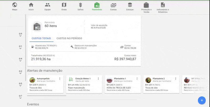 a tela de ‘Patrimônio’ do software de gestão agrícola Aegro. Este painel centraliza informações cruciais sobre