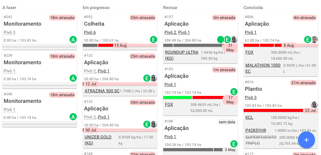 a interface de um software de gestão agrícola, apresentando um quadro de atividades no estilo Kanban. As taref