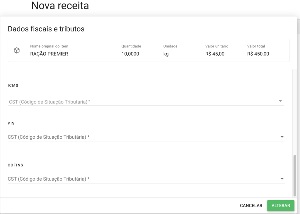 uma tela de software intitulada ‘Nova receita’, focada na seção ‘Dados fiscais e tributos’. Nela, um item cham