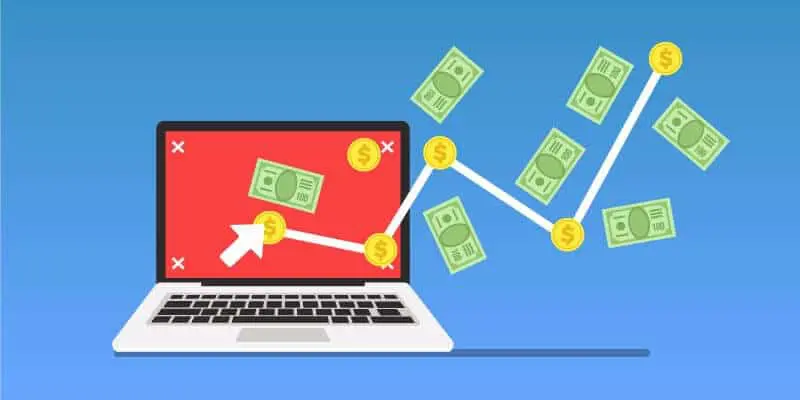 uma ilustração vetorial de um laptop sobre um fundo azul. A tela do laptop é vermelha e mostra um cursor de mo