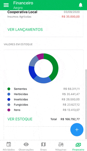 tela ‘Financeiro’ do aplicativo móvel da Aegro, uma ferramenta de gestão para o agronegócio. A interface apr