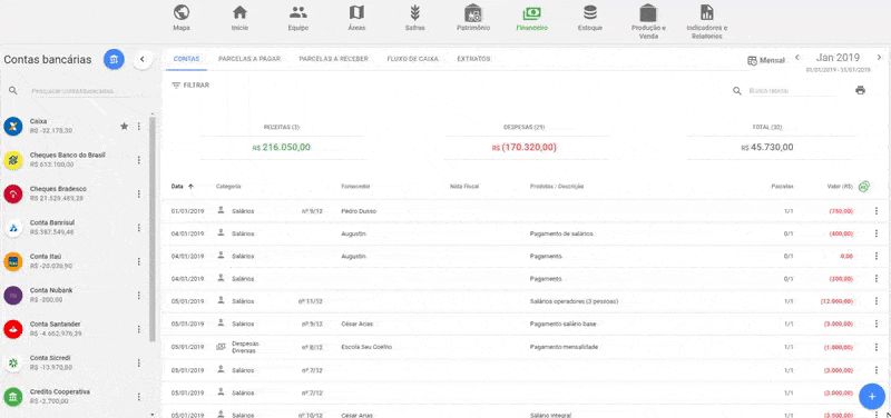 tela do módulo ‘Financeiro’ do software de gestão agrícola Aegro. No lado esquerdo, há uma lista de ‘Contas