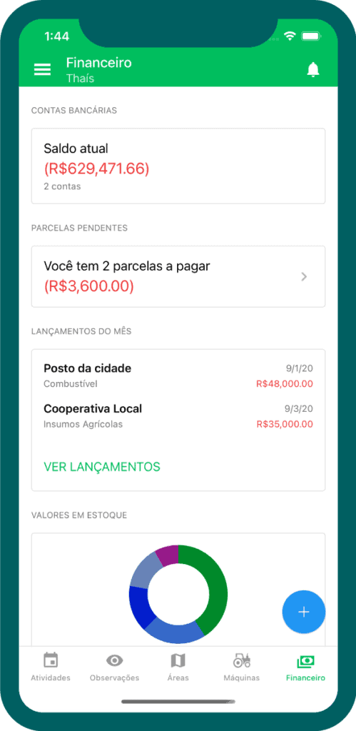 a tela de um smartphone com a seção ‘Financeiro’ de um aplicativo de gestão rural, provavelmente o Aegro. A in