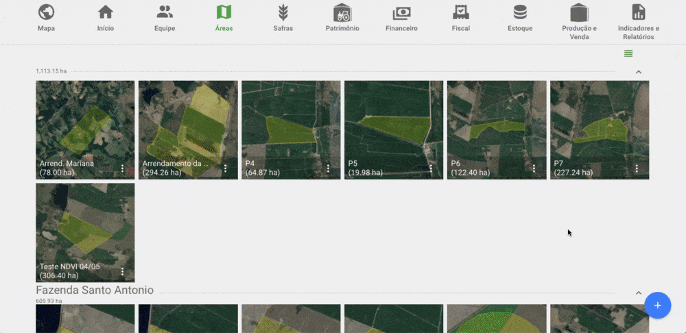 imagem é uma captura de tela animada (GIF) da interface do software de gestão agrícola Aegro, especificamente na seção ‘Áre